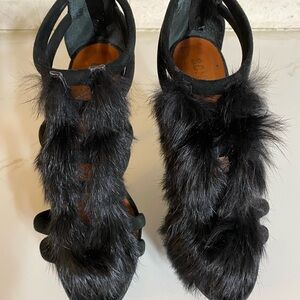 SCHUTZ Black Suede Fur Platform Cage Heels Sandals EU 38 / US 8